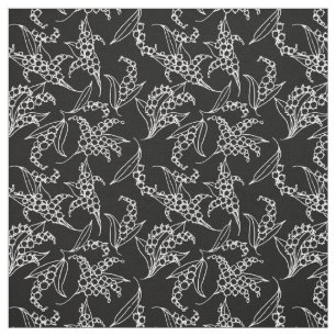 Lily-of-the-Valley White Outlines on Black Floral Fabric
