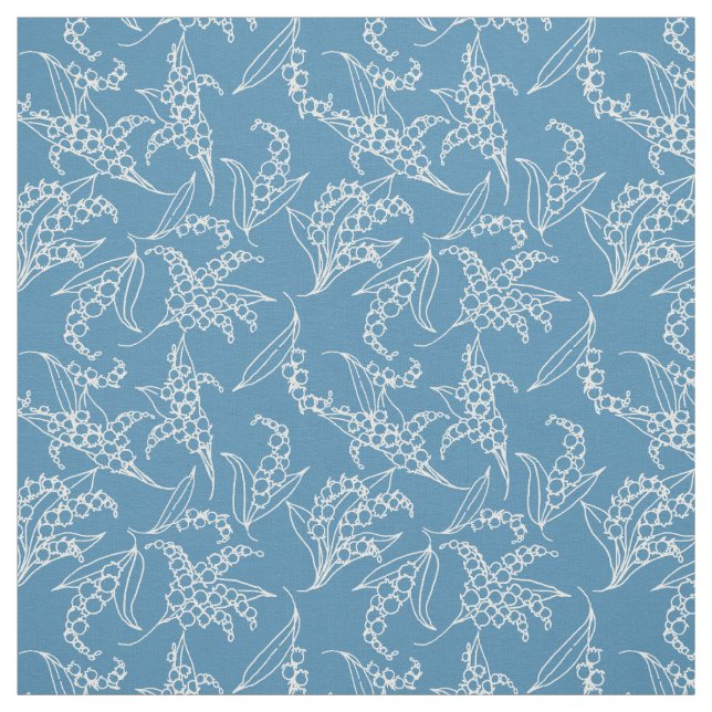 Lily-of-the-Valley White Outlines on Blue Floral Fabric (Swatch)