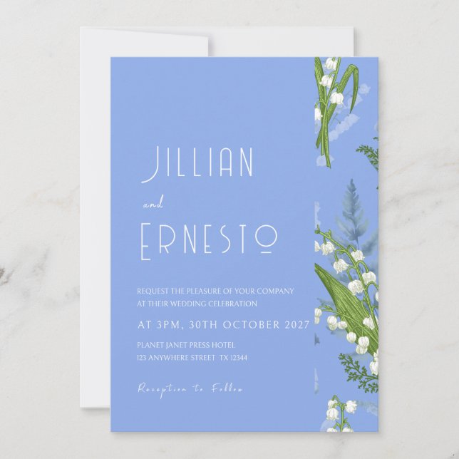 Lily of Valley || Light Blue Solid with Edge White Invitation (Front)