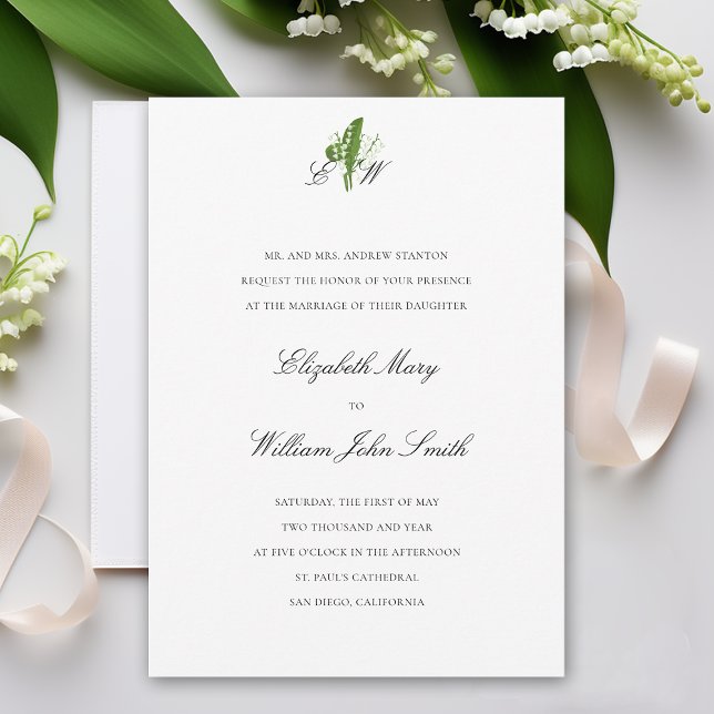 Lily of Valley Monogram Formal Traditional Wedding Invitation (lily of the valley wedding invitation formal traditional calligraphy monograms art unique original)