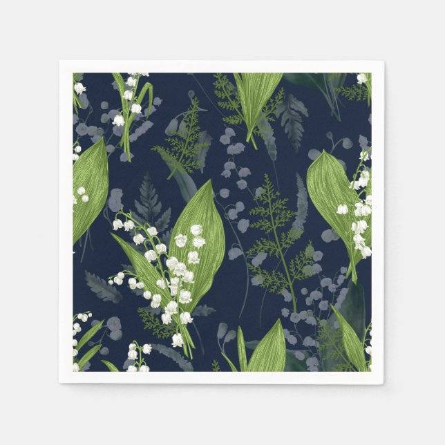 Lily of Valley with Ferns || Dark Blue Napkins (Front)