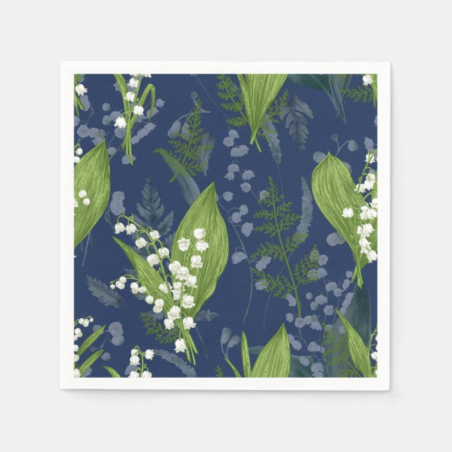 Lily of Valley with Ferns || Dark Blue Napkins (Front)