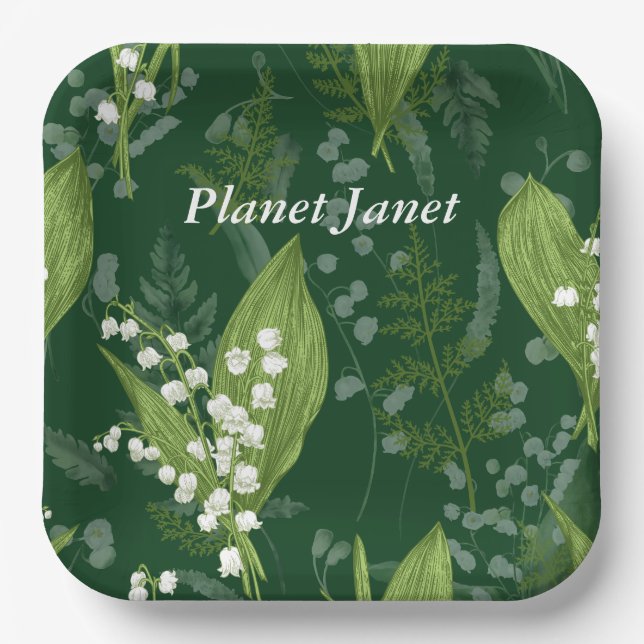 Lily of Valley with Ferns || Dark Green Custom Paper Plate (Front)