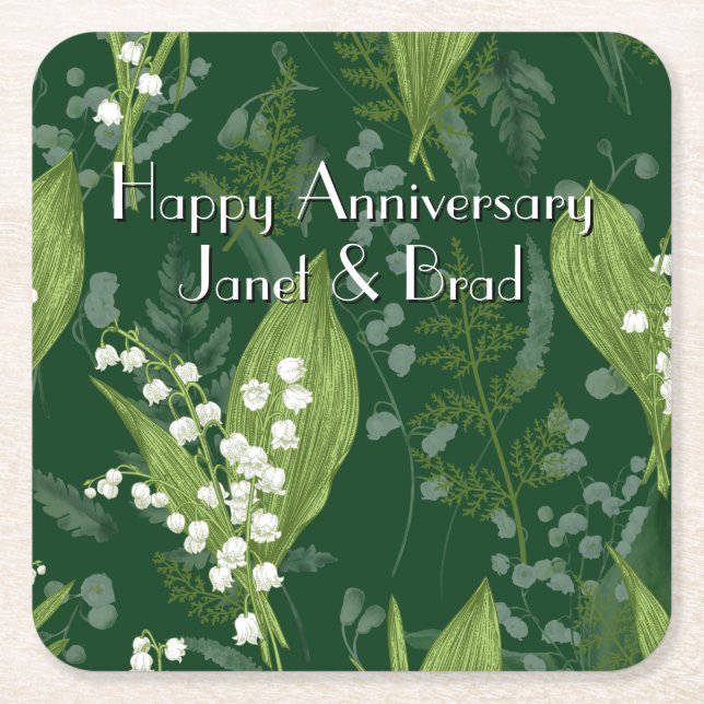 Lily of Valley with Ferns || Dark Green Custom Square Paper Coaster (Front)