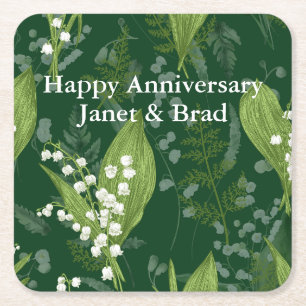 Lily of Valley with Ferns Dark Green Custom Square Paper Coaster