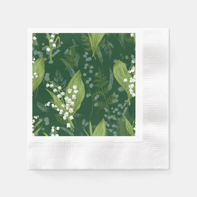Lily of Valley with Ferns || Dark Green Napkin (Front)