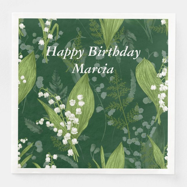 Lily of Valley with Ferns || Dark Green Napkin (Front)