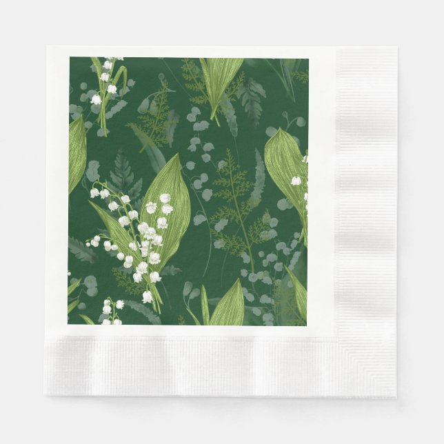 Lily of Valley with Ferns || Dark Green Napkin (Front)