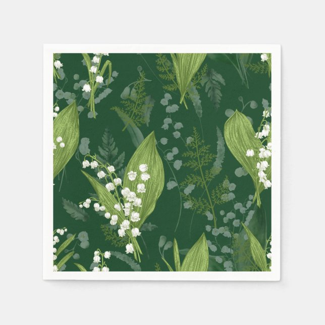 Lily of Valley with Ferns || Dark Green Napkin (Front)