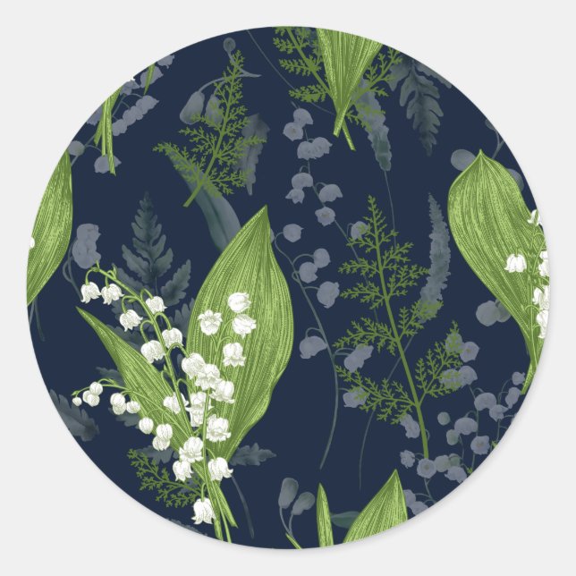 Lily of Valley with Ferns || Deep Dark Blue Classic Round Sticker (Front)