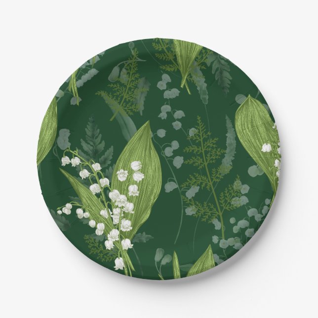 Lily of Valley with Ferns || Dk Green Non Custom  Paper Plate (Front)