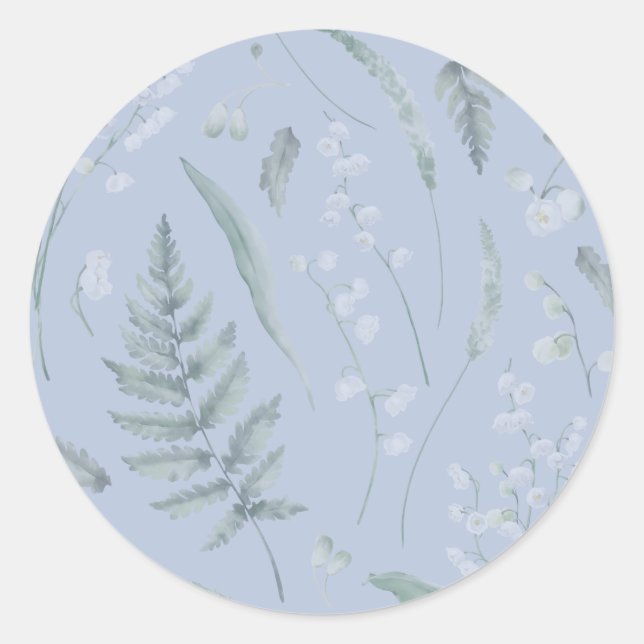 Lily of Valley with Ferns || Light Blue Classic Round Sticker (Front)