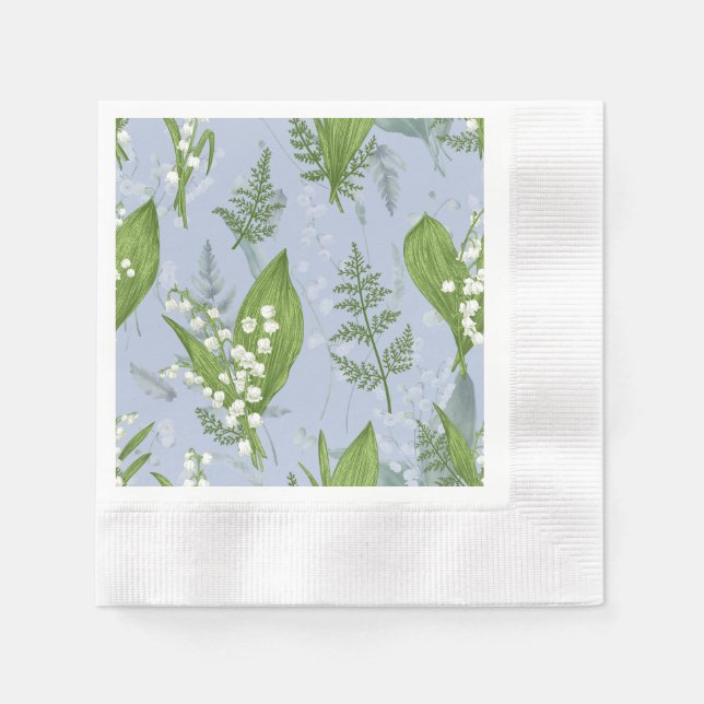 Lily of Valley with Ferns || Light Blue Napkin (Front)