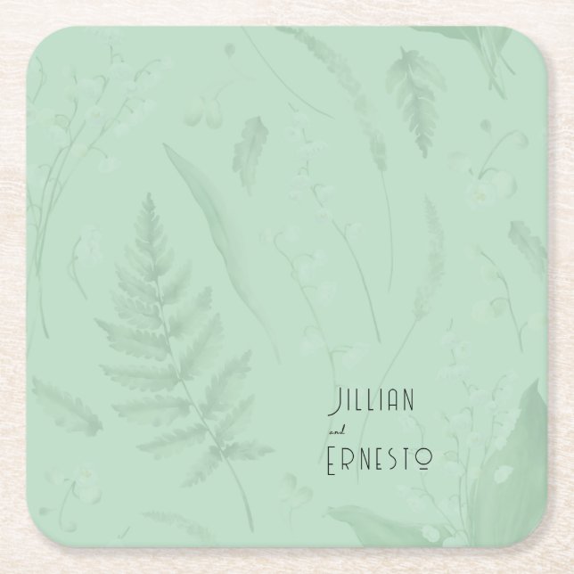 Lily of Valley with Ferns || Soft Green Custom Square Paper Coaster (Front)