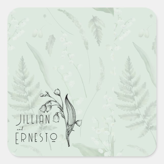 Lily of Valley with Ferns || Soft Green Custom Square Sticker (Front)