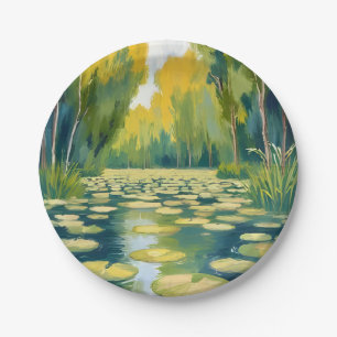 Lily Pad Pond Green Watercolor Nature Paper Plate