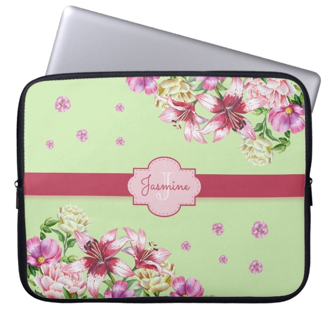 Lily & Peony Floral Mint Green Laptop Sleeve (Front)