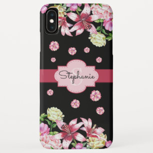 Lily Peony Watercolor Floral Black Monogram iPhone XS Max Case