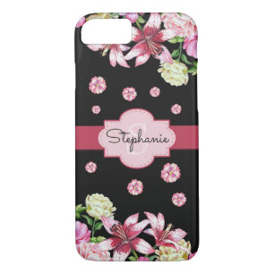 Lily Peony Watercolor Floral Black Monogram iPhone 8/7 Case