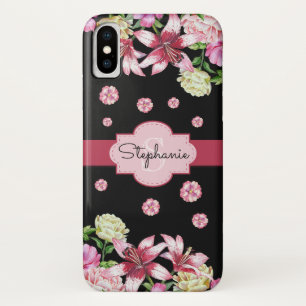 Lily Peony Watercolor Floral Black Monogram iPhone X Case
