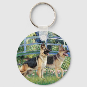 Lily Pond Bridge - Two German Shepherds Key Ring