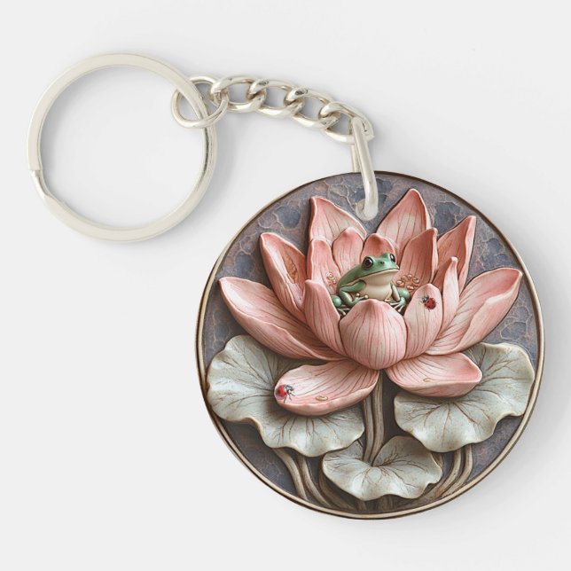 Lily Pond Green Frog Ladybugs Pink Water Lily  Key Ring (Front)