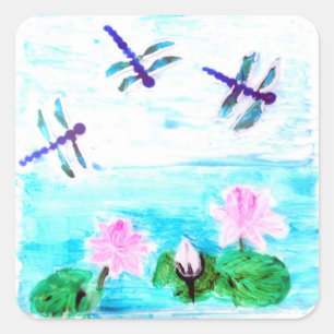 Lily Pond Painting Dragonfly Square Sticker