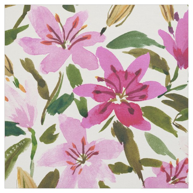 LILY PROLIFERATION Pink Floral Watercolor  Fabric (Swatch)