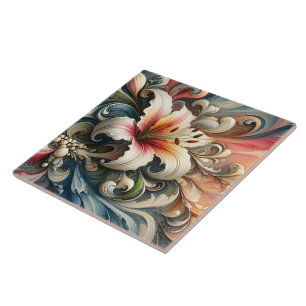 Lily Surrounded by Colourful Swirling Patterns Ceramic Tile