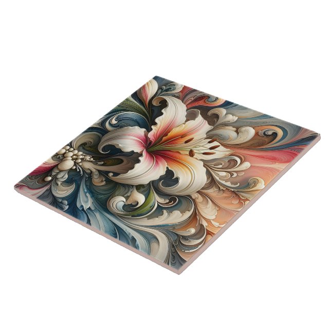 Lily Surrounded by Colourful Swirling Patterns Ceramic Tile (Side)
