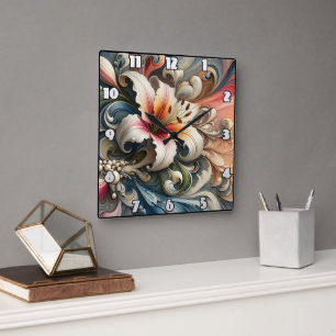 Lily Surrounded by Colourful Swirling Patterns Square Wall Clock