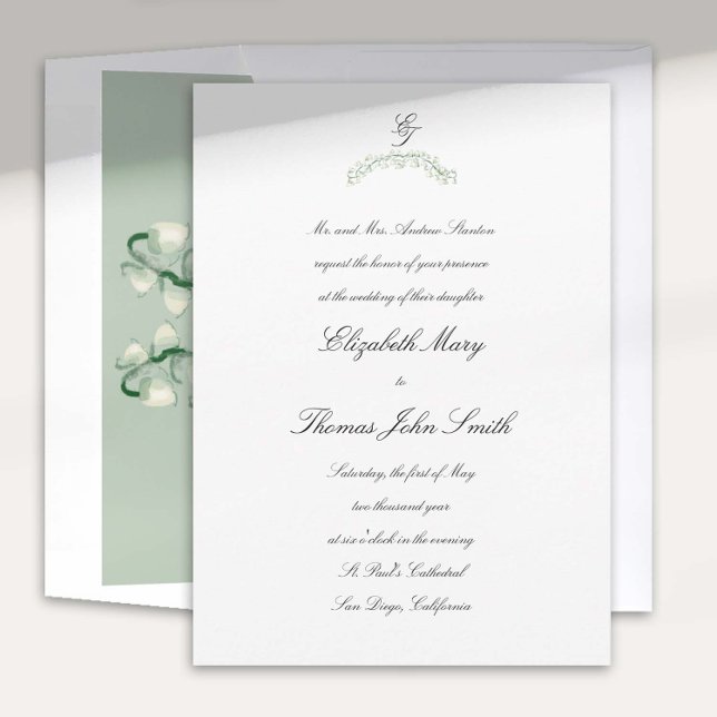 Lily Valley Arch Script Formal Traditional Wedding Invitation (lily valley formal classic wedding invitation card watercolor arch crest monograms calligraphy)