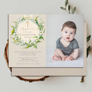 Lily Valley Bow Gold Formal Chic Photo Baptism Invitation