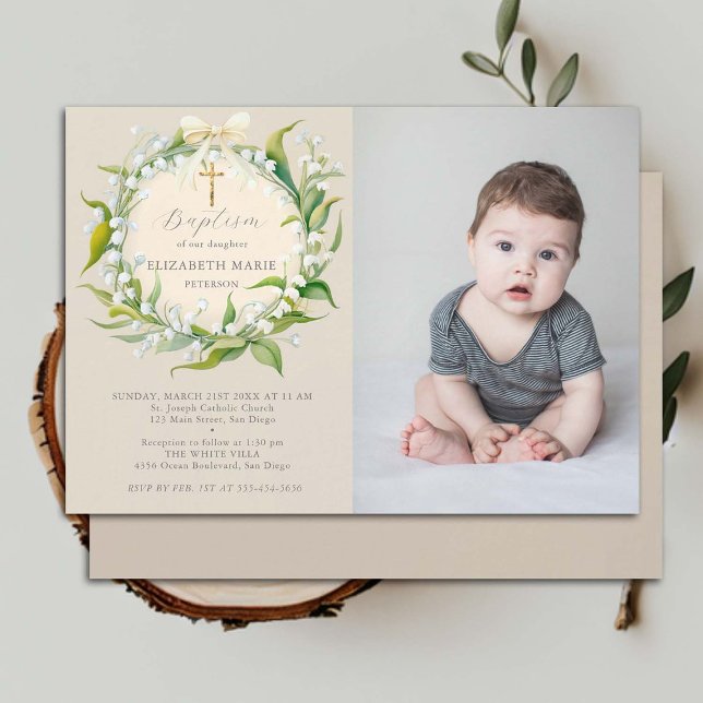 Lily Valley Bow Gold Formal Chic Photo Baptism Invitation (baptism invitation child photo christening christian cross lily valley floral wreath watercolor chic)
