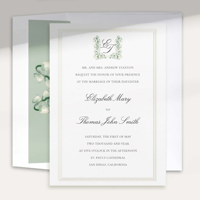 Lily Valley Crest Faux Embossed Formal Wedding Invitation (lily valley formal classic wedding invitation card watercolor fine art crest monograms script)