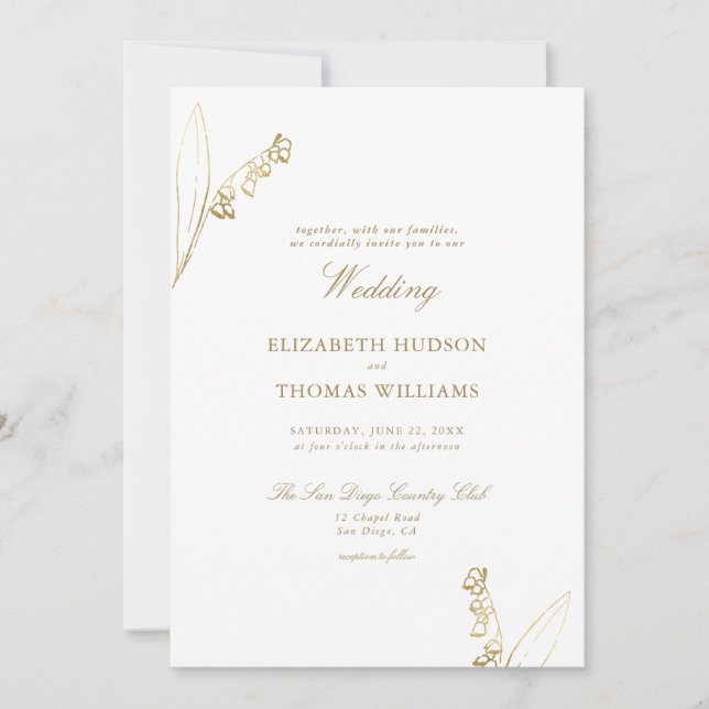 Lily Valley Floral Sketch Faux Gold Simple Wedding Invitation (Front)