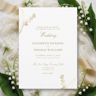 Lily Valley Floral Sketch Faux Gold Simple Wedding Invitation