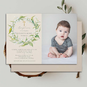 Lily Valley Gold Cross Formal Chic Photo Baptism Invitation