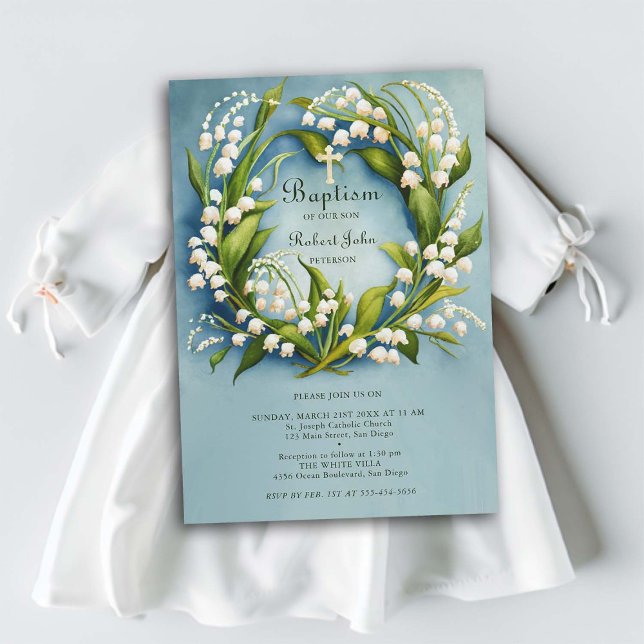 Lily Valley Gold Cross Wreath Formal Blue Baptism Invitation (baptism invitation christening name celebration boy blue lily valley wreath floral elegant formal)