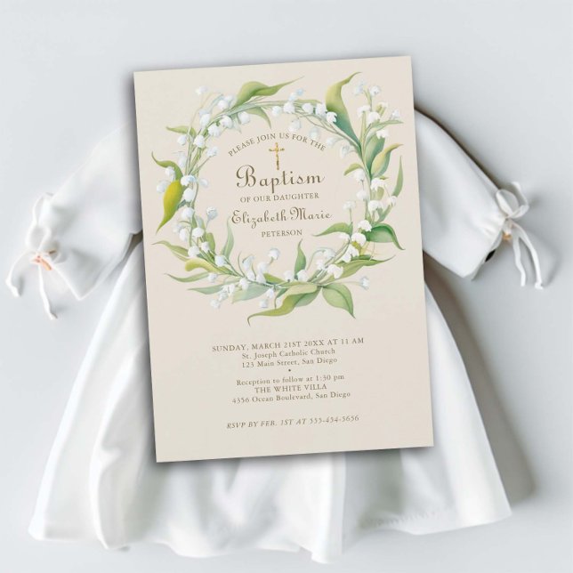 Lily Valley Gold Cross Wreath Formal Child Baptism Invitation (child baptism christening invitation lily of the valley wreath gold cross elegant simple classic)