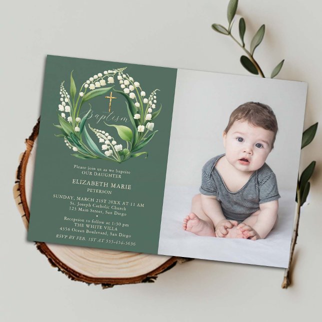 Lily Valley Green Gold Formal Chic Photo Baptism Invitation (baptismal invitation child toddler baby baptism christening lily valley floral wreath elegant classy)