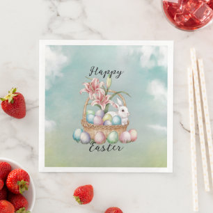 Lily Watercolor & Pastel Eggs with Bunny in Basket Napkin