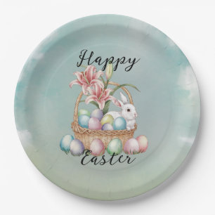 Lily Watercolor & Pastel Eggs with Bunny in Basket Paper Plate