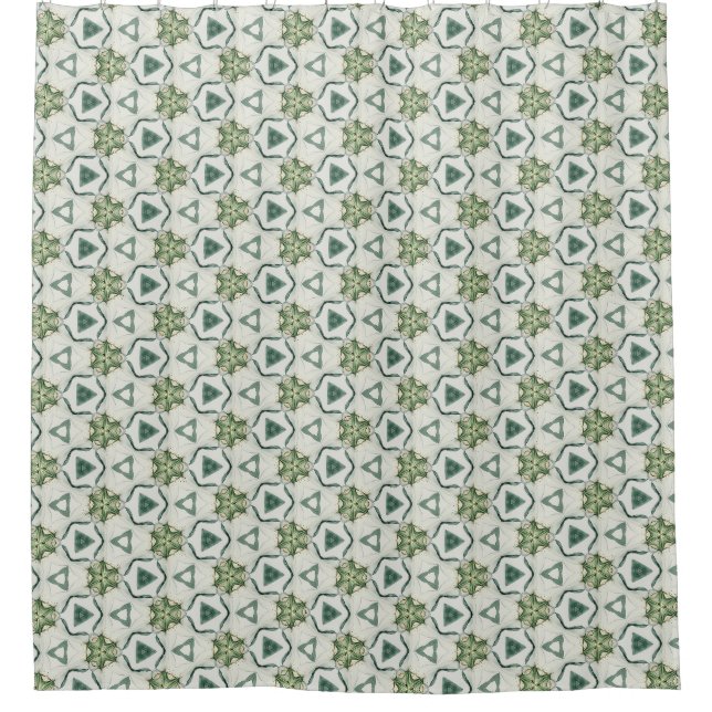 Lily white & green geometric patterned  shower curtain (Front)
