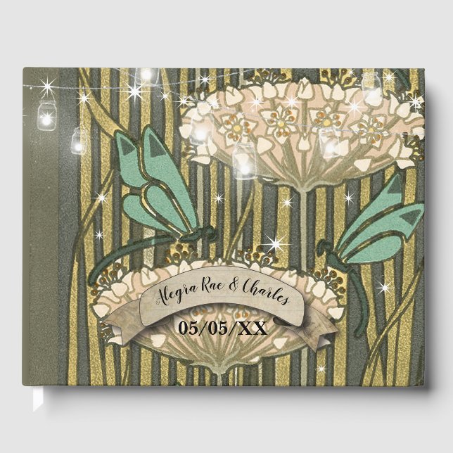 Lilypad Boho Dragonfly Art Deco Wedding Guest Book (Front)