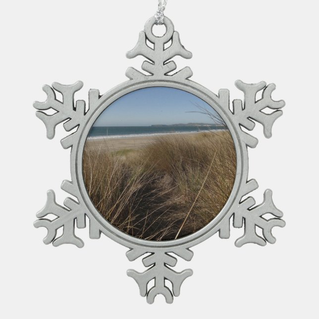 Limantour Beach at Point Reyes National Seashore I Snowflake Pewter Christmas Ornament (Front)
