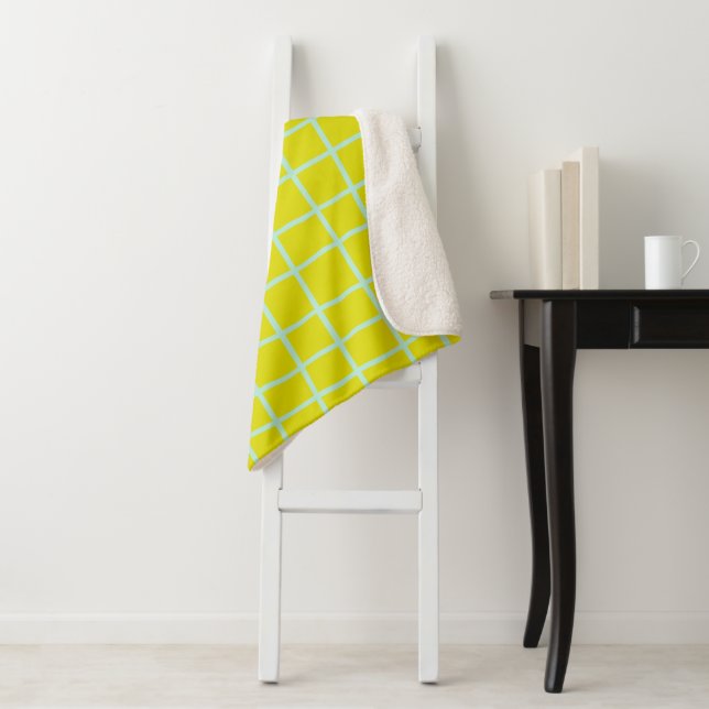 Lime and Aqua Abstract Grid Lines Pattern Sherpa Blanket (In Situ)