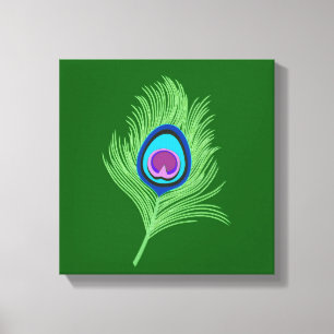 Lime and Blue Peacock Feather on Emerald Green Canvas Print