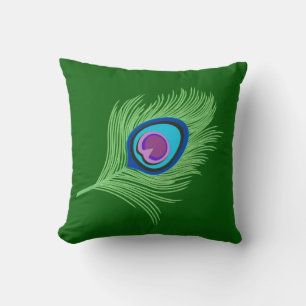 Lime and Blue Peacock Feather on Emerald Green Cushion