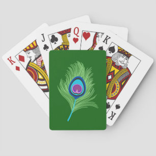 Lime and Blue Peacock Feather on Emerald Green Playing Cards
